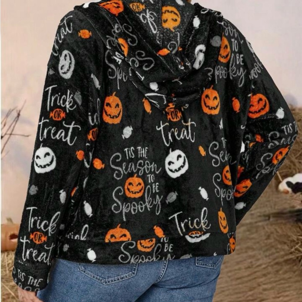 Plus Size Front Zip Pocket Halloween Print Hooded Jacket - Picture 3 of 3